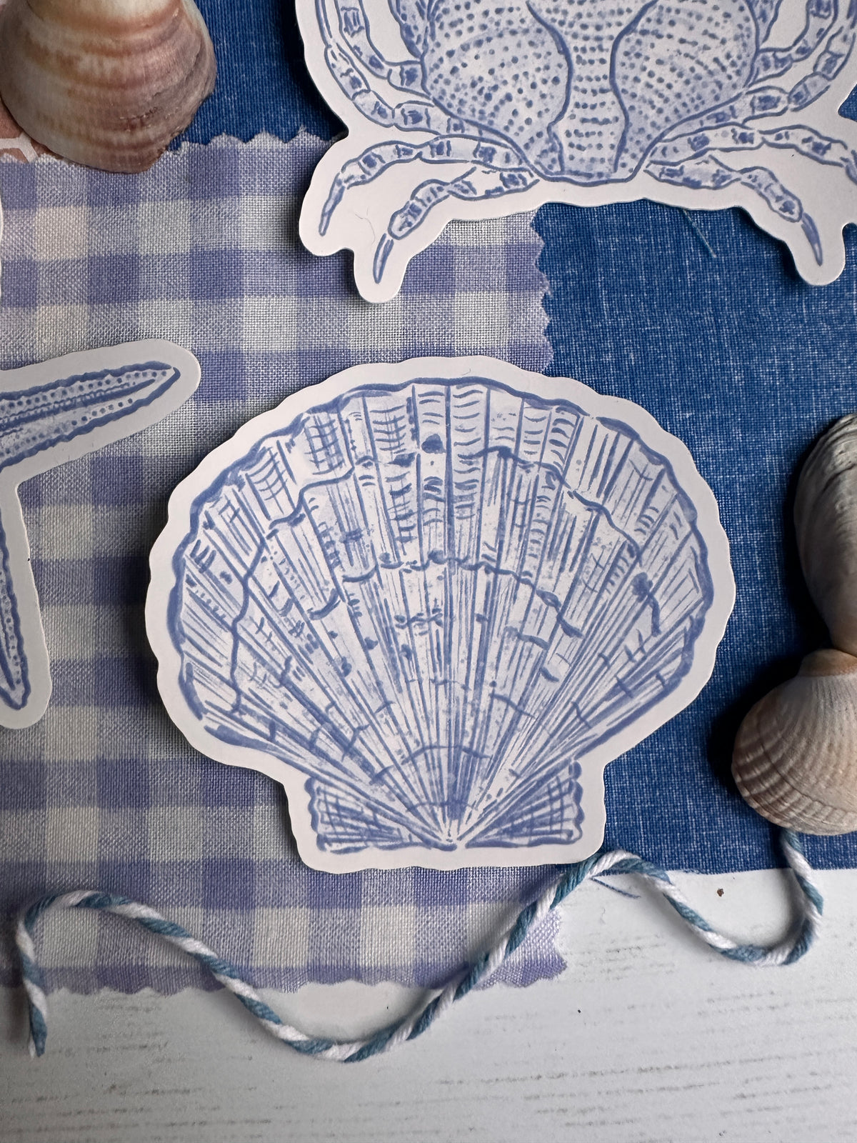 A scallop-shaped vinyl sticker with a blue line-art illustration of a shell, placed on a blue-and-white gingham cloth with seashells around it.