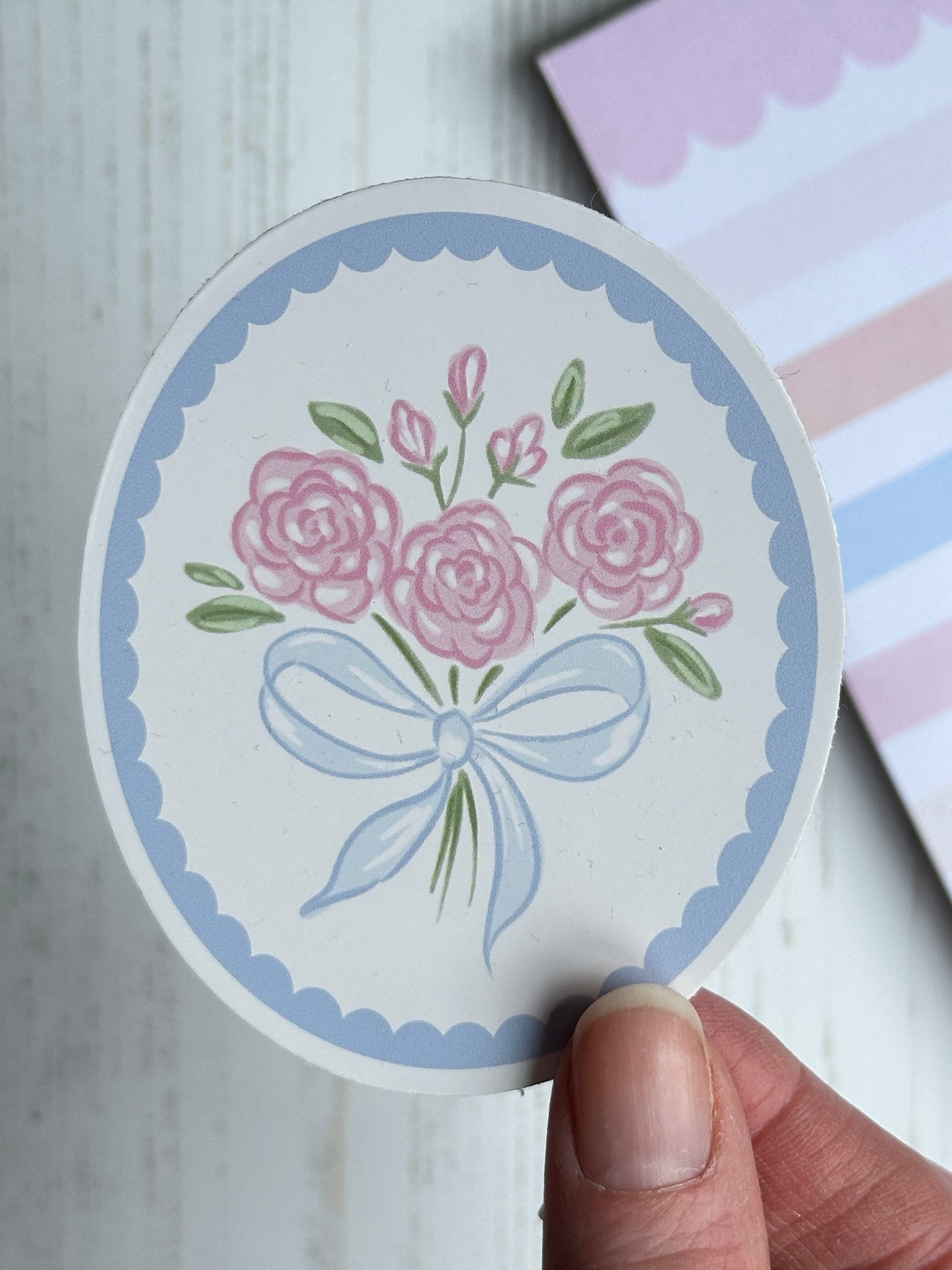 Blue Scallop Rose Bow Bouquet Oval Vinyl Sticker