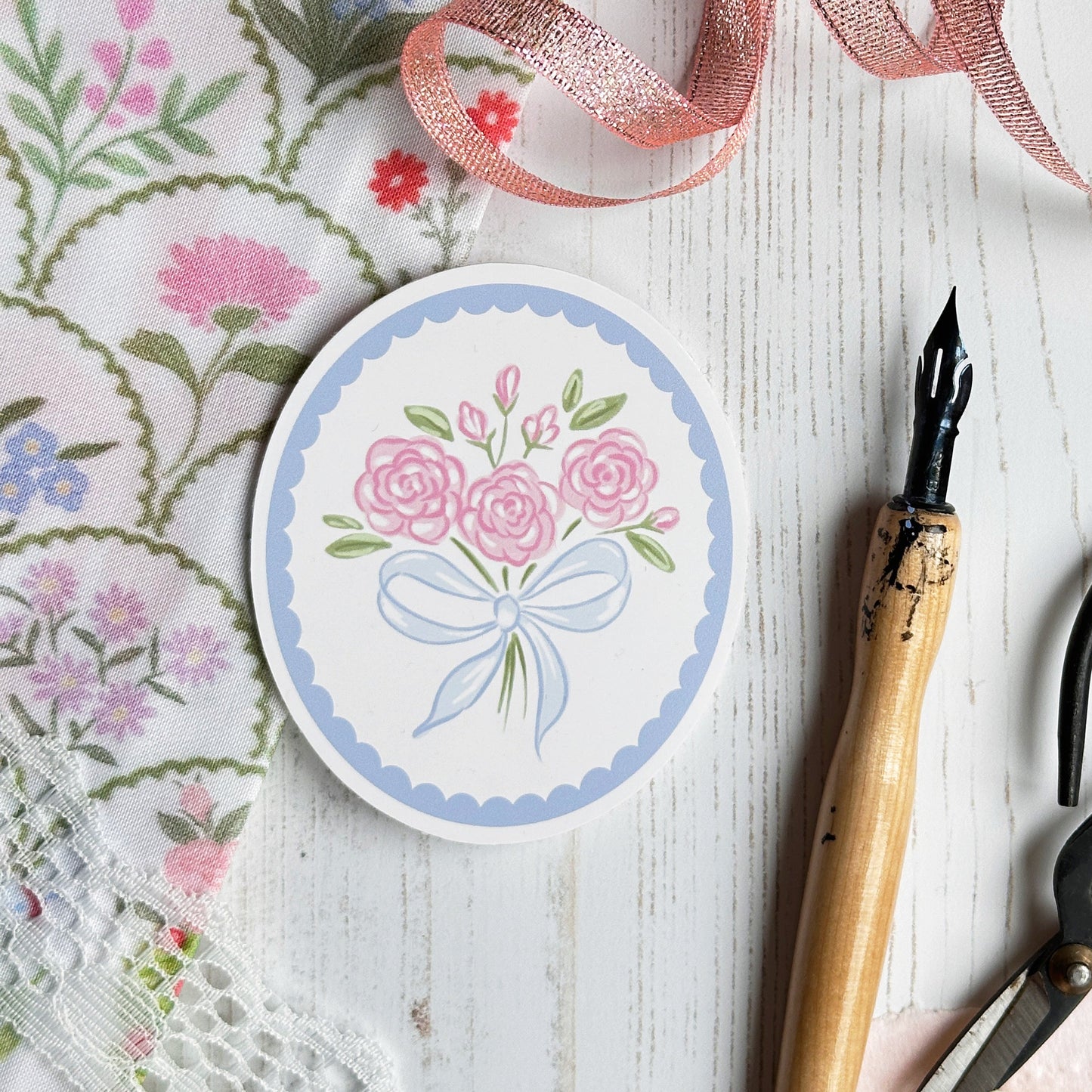 Blue Scallop Rose Bow Bouquet Oval Vinyl Sticker