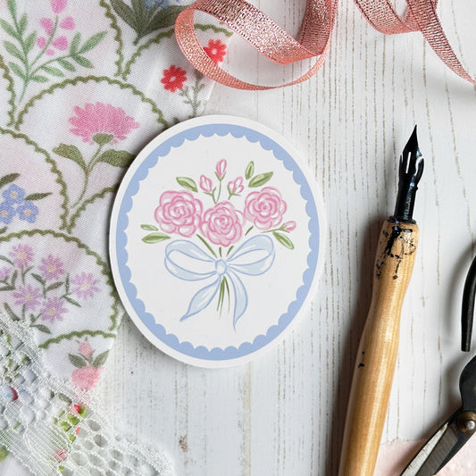Blue Scallop Rose Bow Bouquet Oval Vinyl Sticker