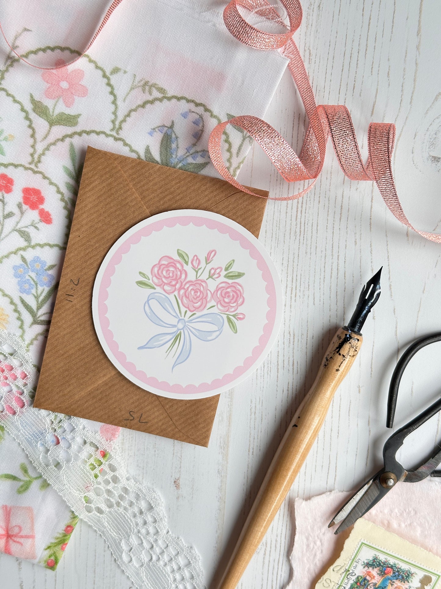 Pink Roses Scallop Round Vinyl Sticker